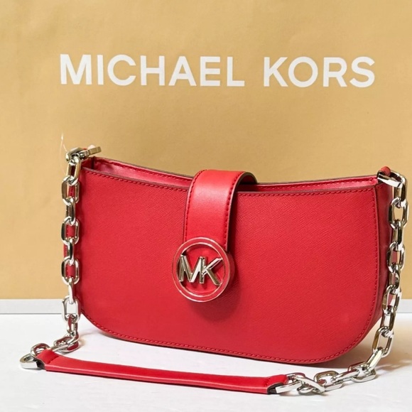 MICHAEL KORS CARMEN SMALL POUCHETTE SHOULDER CHAIN BAG BRIGHT RED - Picture 5 of 9